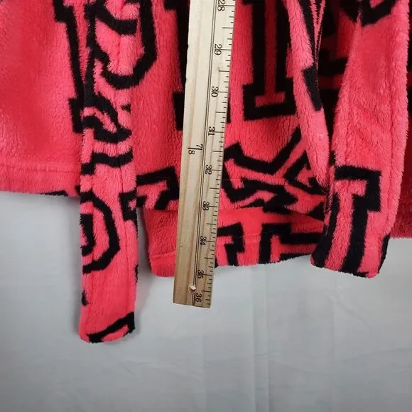 Victoria’s Secret PINK Robe XS/S Logo Plush Hot Pink Black Belted Fleece Sleepwe - Picture 5 of 8